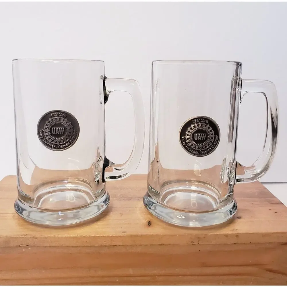 Libbey Set Of 2 UAW Region 8 Medallion Beer Mugs Tankard‎ Glasses 10oz